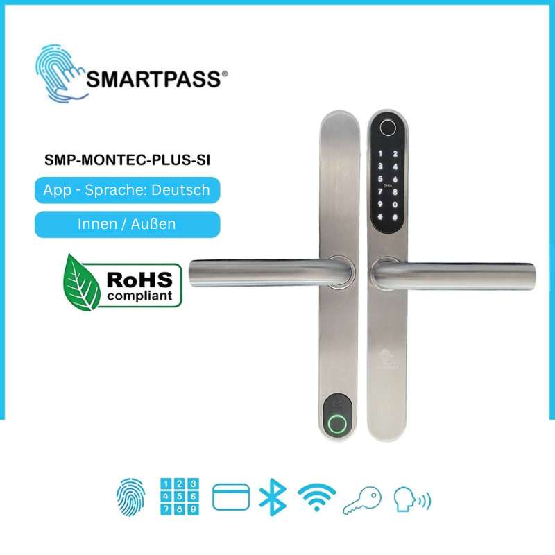 MONTE CARLO PLUS SILBER – Intelligentes Türschloss mit Fingerabdruck, Bluetooth, WLAN, PIN-Code, RFID-Karte und Schlüssel
