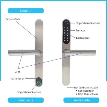 MONTE CARLO PLUS SILBER – Intelligentes Türschloss mit Fingerabdruck, Bluetooth, WLAN, PIN-Code, RFID-Karte und Schlüssel